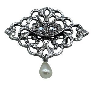Vintage Victorian style Marcasite faux pearl dangle brooch